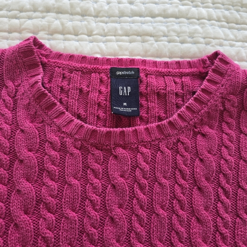 GAP Cotton Cable Knit Sweater – Fuchsia Pink – Classic Crewneck – Size M - Picture 5 of 6